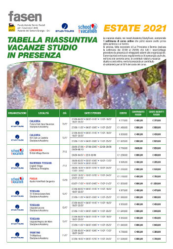 Tabella vacanze studio 2021