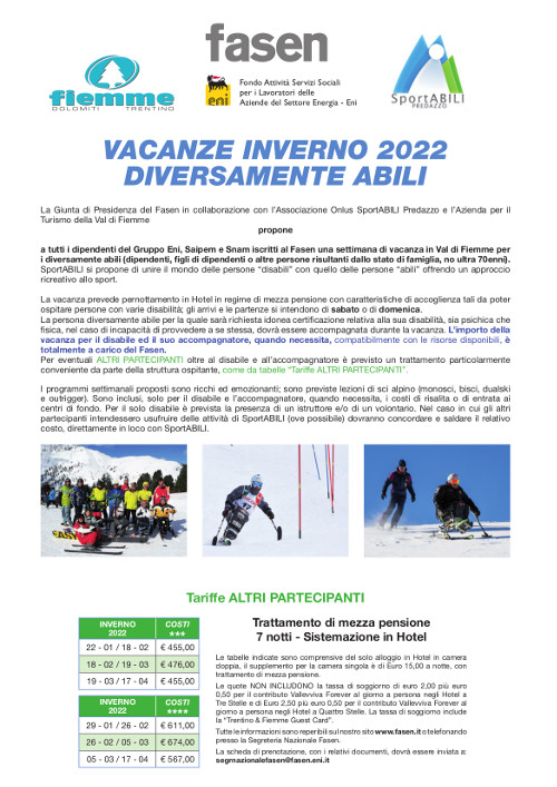VACANZE E ATTIVITÀ PER DIVERSAMENTE ABILI > IL FASEN A SOSTEGNO DELLE FAMIGLIE